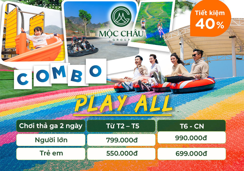 Combo Play All chỉ từ 699k mang đến trải nghiệm vui chơi tuyệt vời không lo về chi phí phát sinh, đảm bảo một chuyến đi đáng nhớ tại Mộc Châu Island.